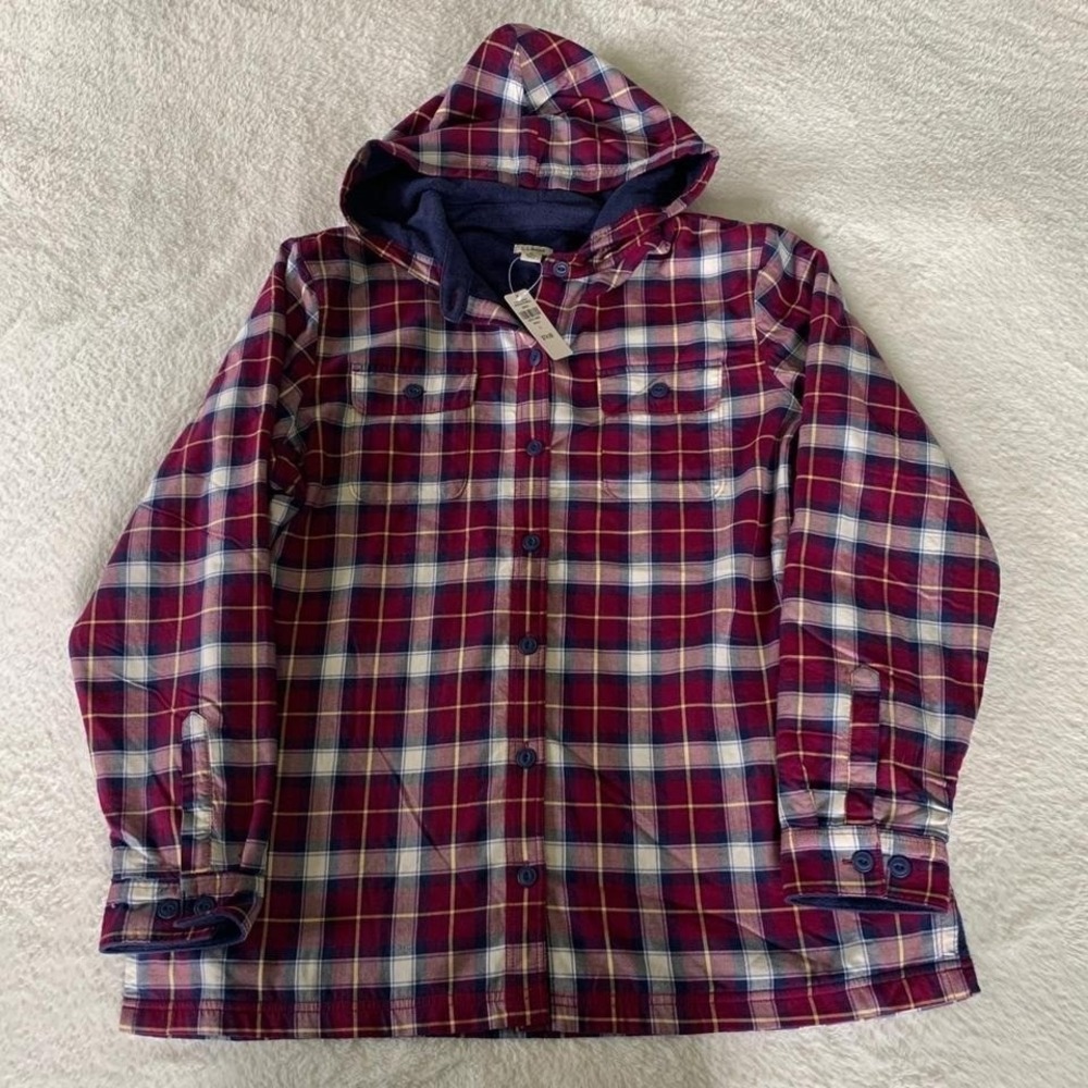 Women's Large LL BEAN Fleece-Lined Flannel Hoodie Plaid Mulberry Purple NWT